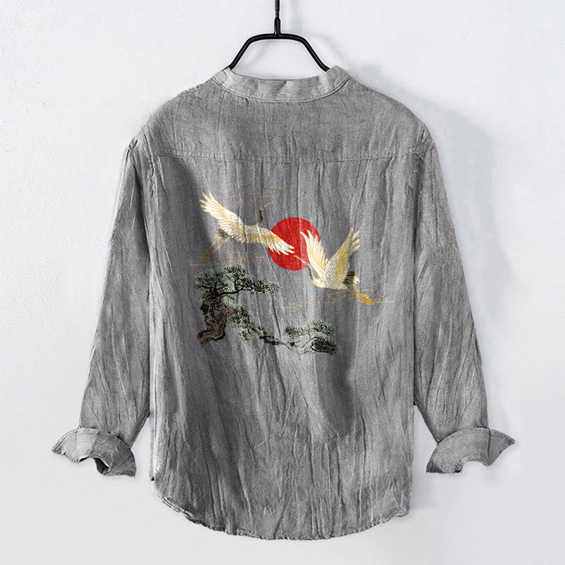 Buddha Stones、鶴、赤い太陽、松の木の模様、ハーフボタン、メンズコットンリネン長袖シャツ - image 2