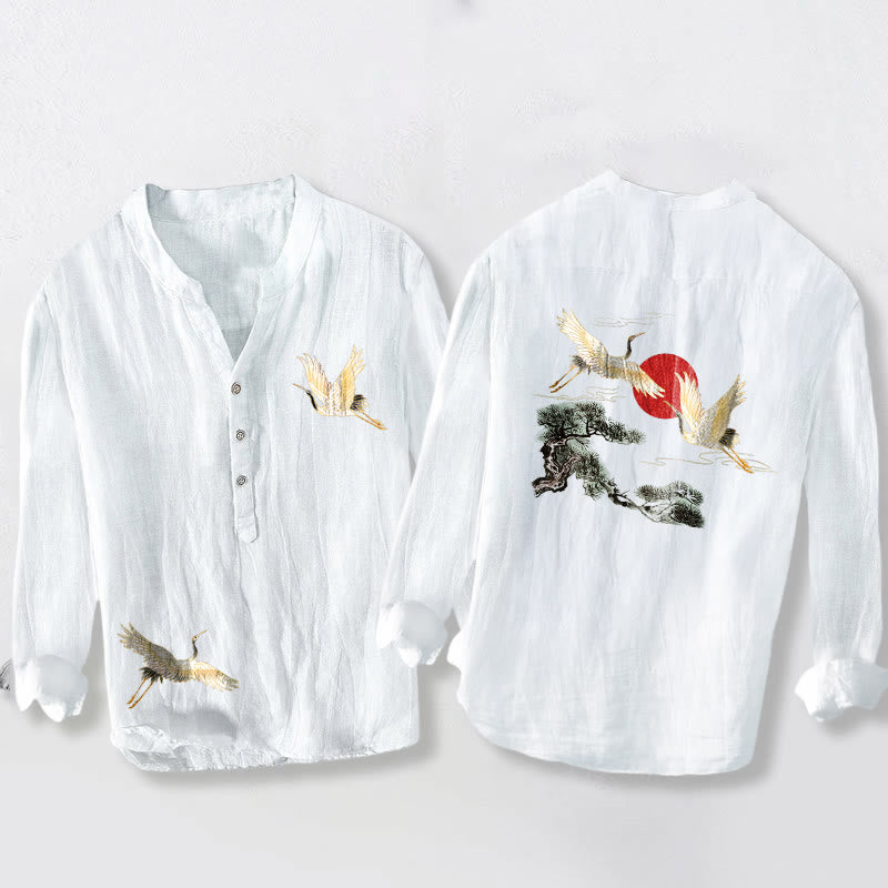 Buddha Stones、鶴、赤い太陽、松の木の模様、ハーフボタン、メンズコットンリネン長袖シャツ - 白 - US/UK/AU50、EU60 (5XL) - image 6