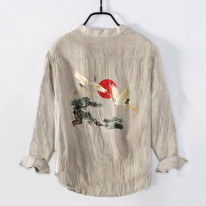 Buddha Stones、鶴、赤い太陽、松の木の模様、ハーフボタン、メンズコットンリネン長袖シャツ - image 5