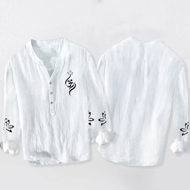 Buddha Stonesハーフボタン 蓮の花 Om シンボル プリント柄 メンズ コットンリネン 長袖シャツ - image 8