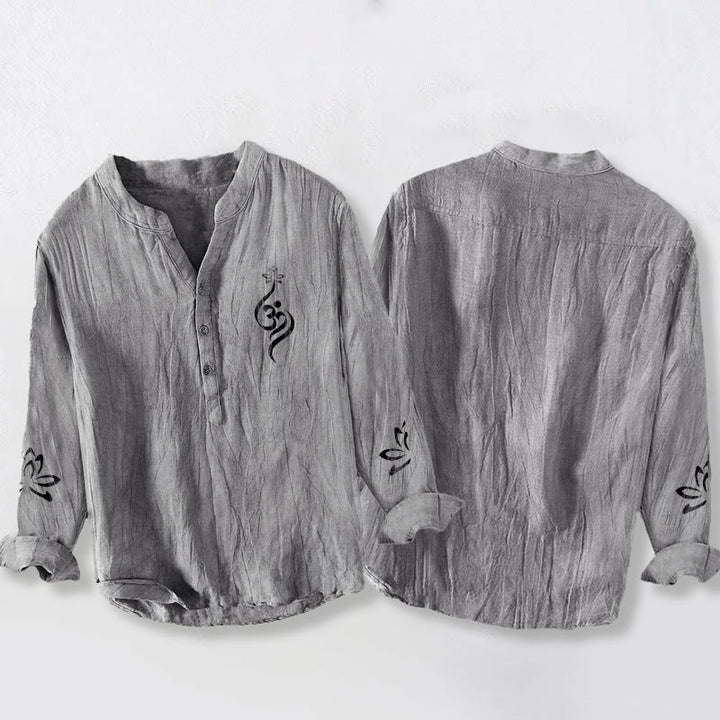 Buddha Stonesハーフボタン 蓮の花 Om シンボル プリント柄 メンズ コットンリネン 長袖シャツ - image 2