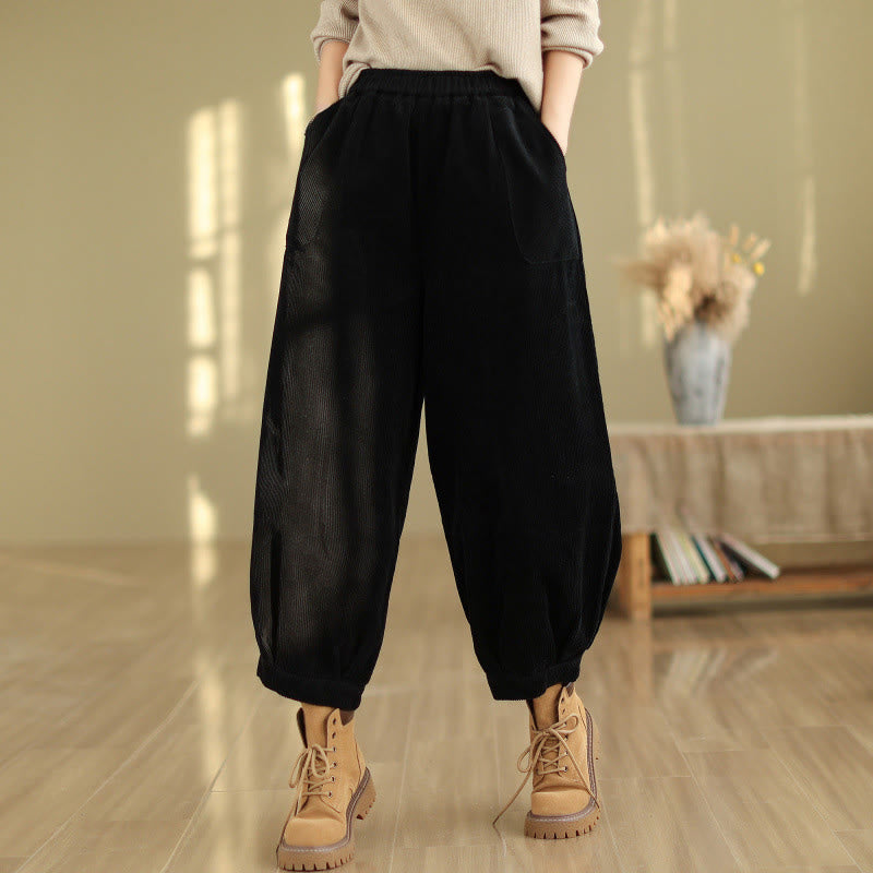 Buddha Stones無地 伸縮性ウエストバンドデザイン レディース コーデュロイ ハーレムパンツ ポケット付き - 黒 - US8-10,UK/AU12-14,EU40-42 (2XL) - image 6