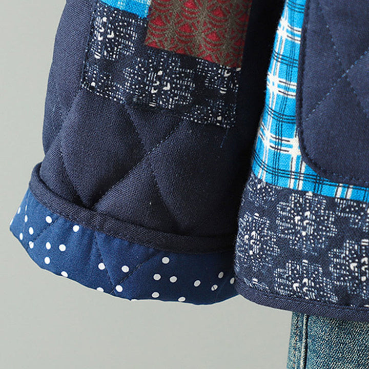 Buddha Stonesエスニック フロッグボタン パッチワーク レディース 厚手コットン 長袖ジャケット ポケット付き - image 1