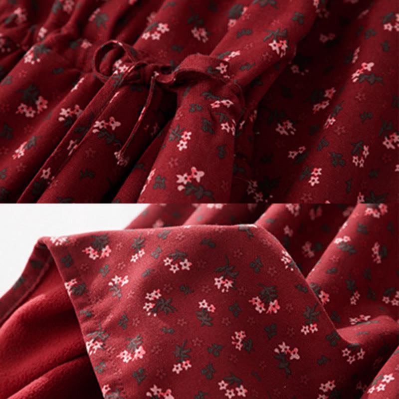 Buddha Stonesの花柄レースパッチワークデザイン長袖コーデュロイミディドレス(ポケット付き) - image 6