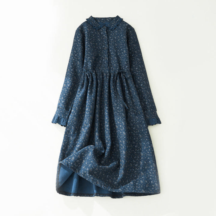 Buddha Stonesの花柄レースパッチワークデザイン長袖コーデュロイミディドレス(ポケット付き) - image 10