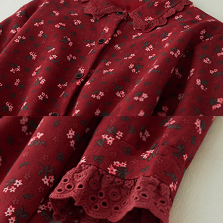 Buddha Stonesの花柄レースパッチワークデザイン長袖コーデュロイミディドレス(ポケット付き) - image 4