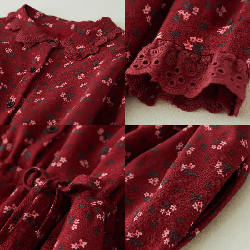 Buddha Stonesの花柄レースパッチワークデザイン長袖コーデュロイミディドレス(ポケット付き) - image 7