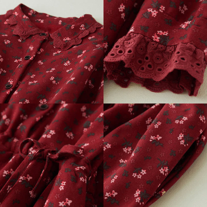 Buddha Stonesの花柄レースパッチワークデザイン長袖コーデュロイミディドレス(ポケット付き) - image 7