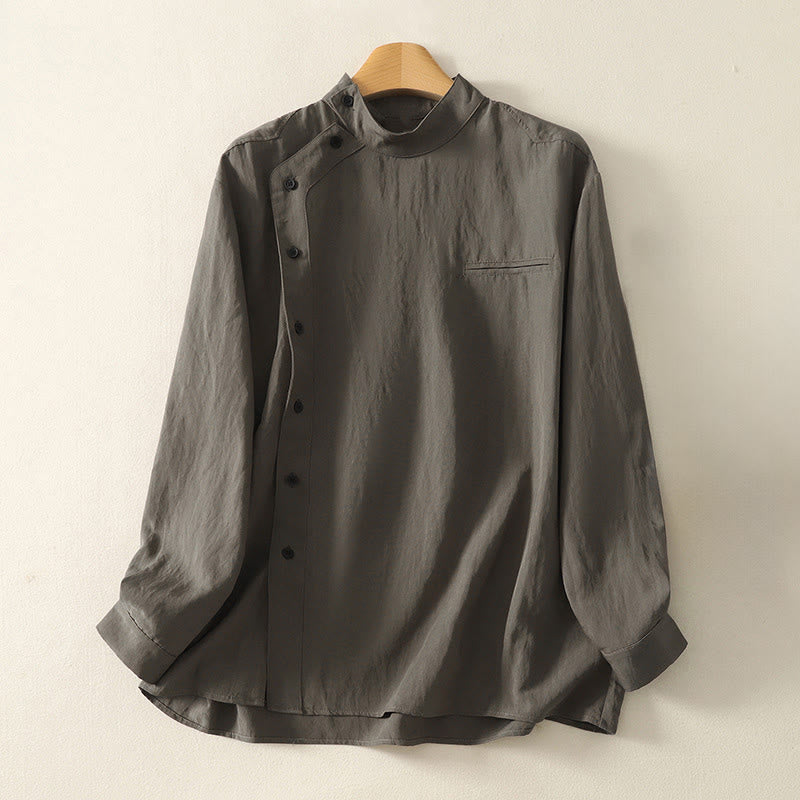 Buddha Stones秋スタンドカラー中国風フロッグボタンシンプルデザイン長袖レディースコットンシャツ - ディムグレー - US8-10,UK/AU12-14,EU40-42 (2XL) - image 0