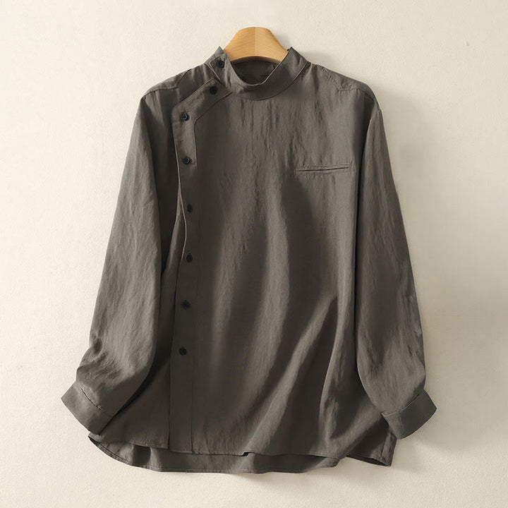 Buddha Stones秋スタンドカラー中国風フロッグボタンシンプルデザイン長袖レディースコットンシャツ - ディムグレー - US8-10,UK/AU12-14,EU40-42 (2XL) - image 0