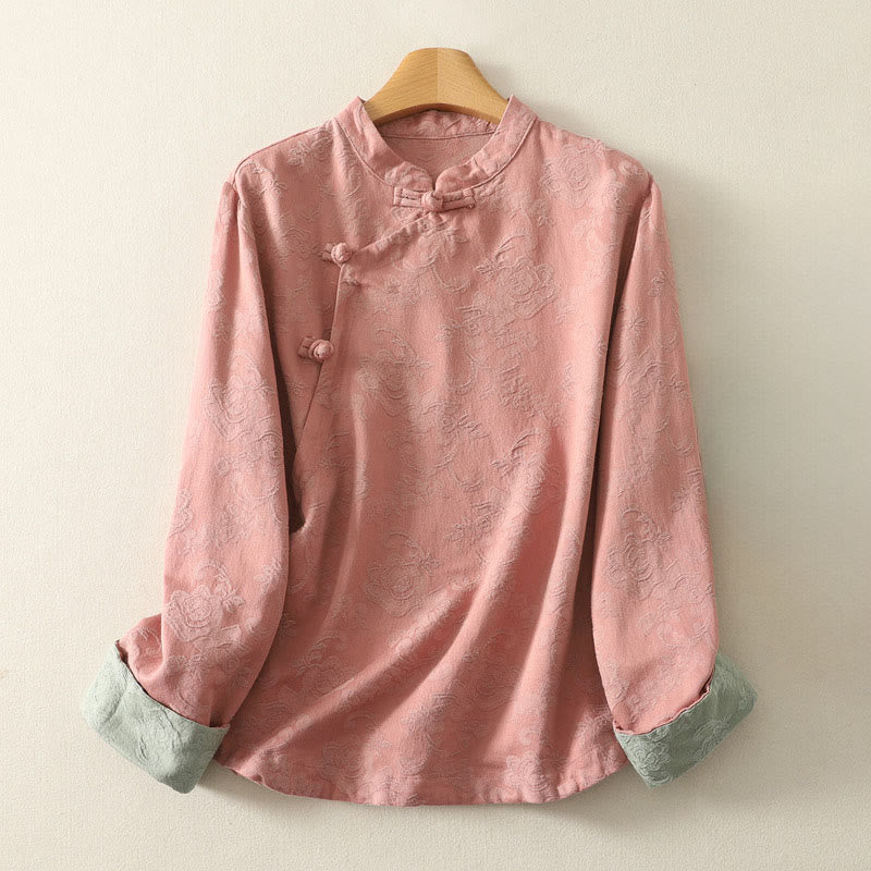 Buddha Stones春の無地ジャカードデザイン レディース コットン 禅 長袖シャツ - ダークサーモン - US8-10,UK/AU12-14,EU40-42 (2XL) - image 10