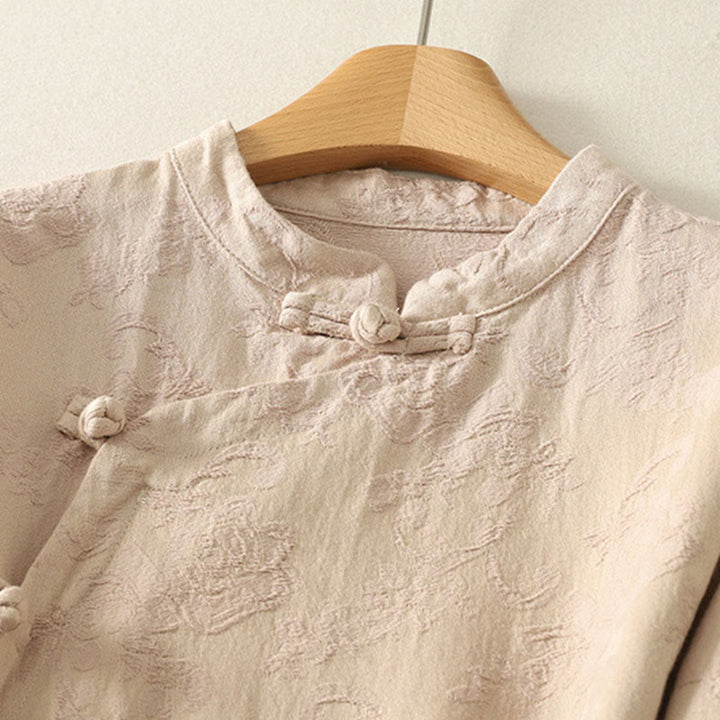 Buddha Stones春の無地ジャカードデザイン レディース コットン 禅 長袖シャツ - image 6