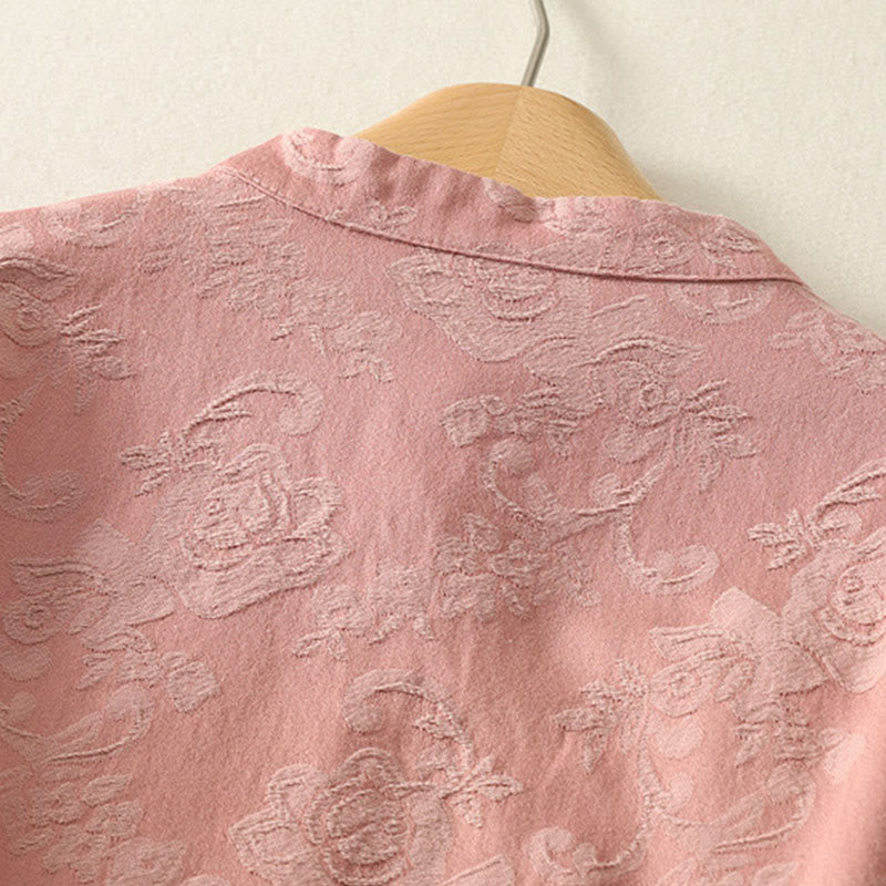 Buddha Stones春の無地ジャカードデザイン レディース コットン 禅 長袖シャツ - image 14