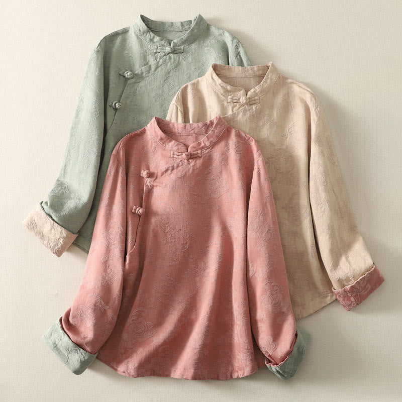 Buddha Stones春の無地ジャカードデザイン レディース コットン 禅 長袖シャツ - image 22