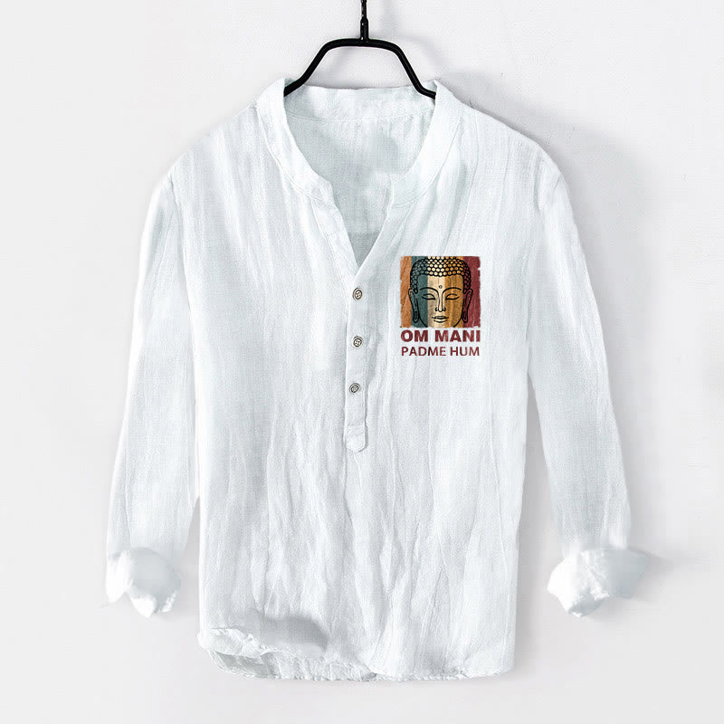 Buddha Stones OM MANI PADME HUM 仏陀柄 ハーフボタン メンズ コットンリネン 長袖シャツ - 白 - US/UK/AU50、EU60 (5XL) - image 6