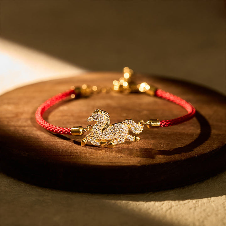 Buddha Stones925スターリングシルバーメッキ 18Kゴールド赤紐馬年強さブレスレット - 馬(手首周り14~18cm) - image 0