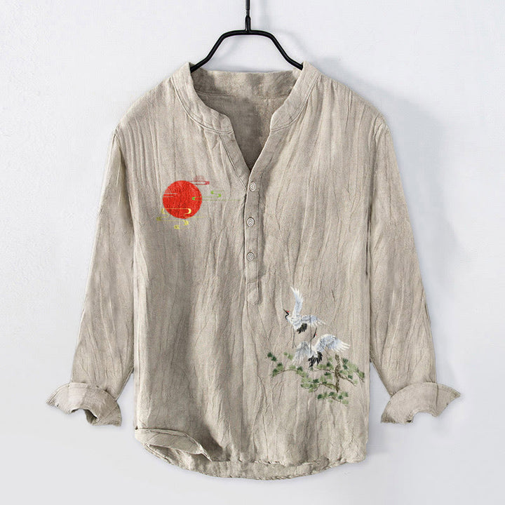 Buddha Stones、太陽、鶴、松の枝柄、ハーフボタン、メンズコットンリネン長袖シャツ - リネン - US/UK/AU50、EU60 (5XL) - image 6