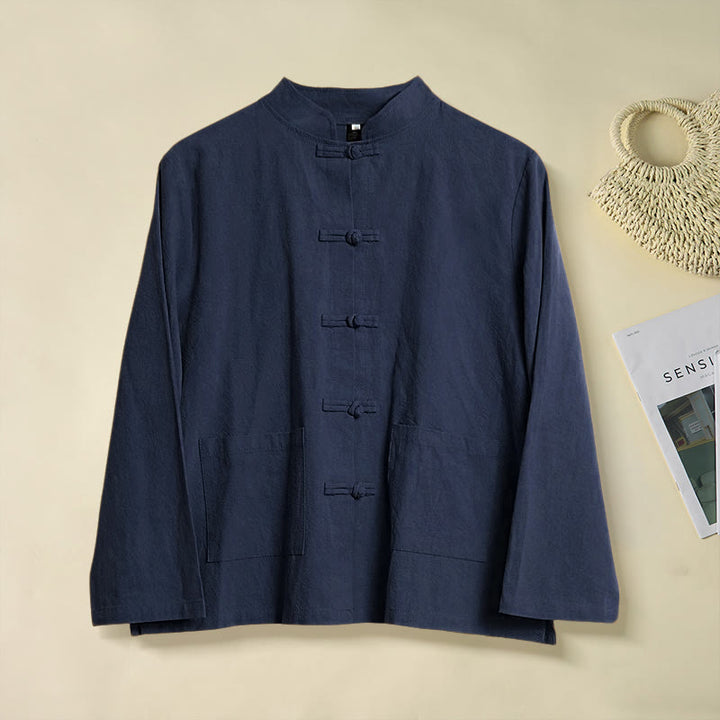 Buddha Stonesエスニック フロッグボタン 長袖 スタンドカラー レディース コットンシャツ ポケット付き - ミッドナイトブルー - US12、 UK/AU16、 EU44 (2XL) - image 21