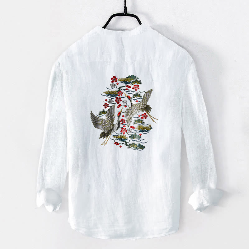 Buddha Stones、鶴、松、花柄、ハーフボタン、メンズコットンリネン長袖シャツ - image 2