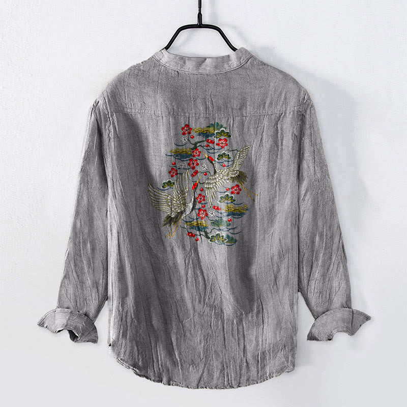 Buddha Stones、鶴、松、花柄、ハーフボタン、メンズコットンリネン長袖シャツ - image 8