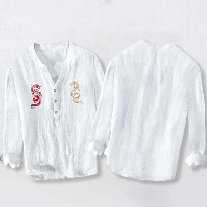 Buddha Stonesダブルドラゴン柄 ハーフボタン メンズ コットンリネン 長袖シャツ - image 5