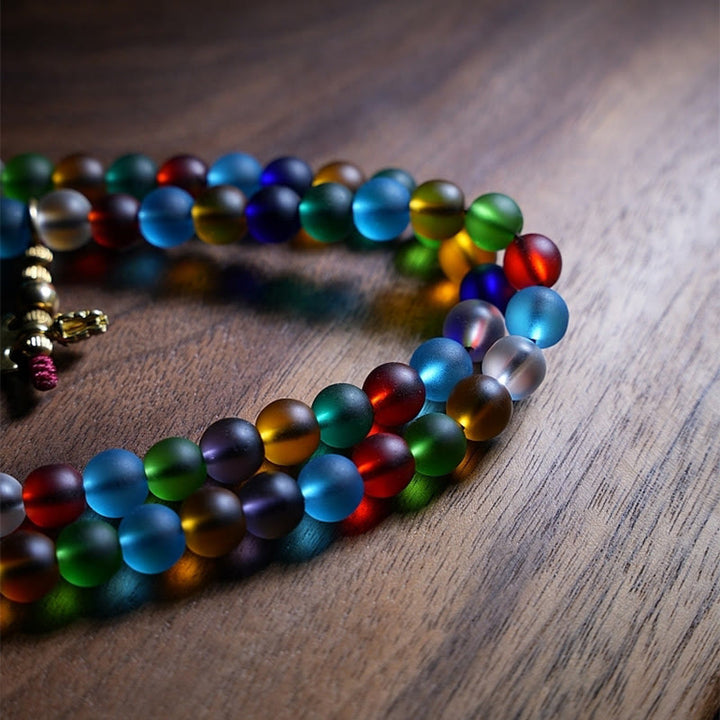 Buddha Stonesチベット 108 個Malaビーズ マルチカラー 琉璃 ガラスビーズ 十二支 九宮 八卦 チャームブレスレット