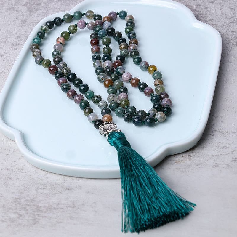 Buddha Stones 108Malaビーズ インド瑪瑙 仏頭浄化ブレスレット