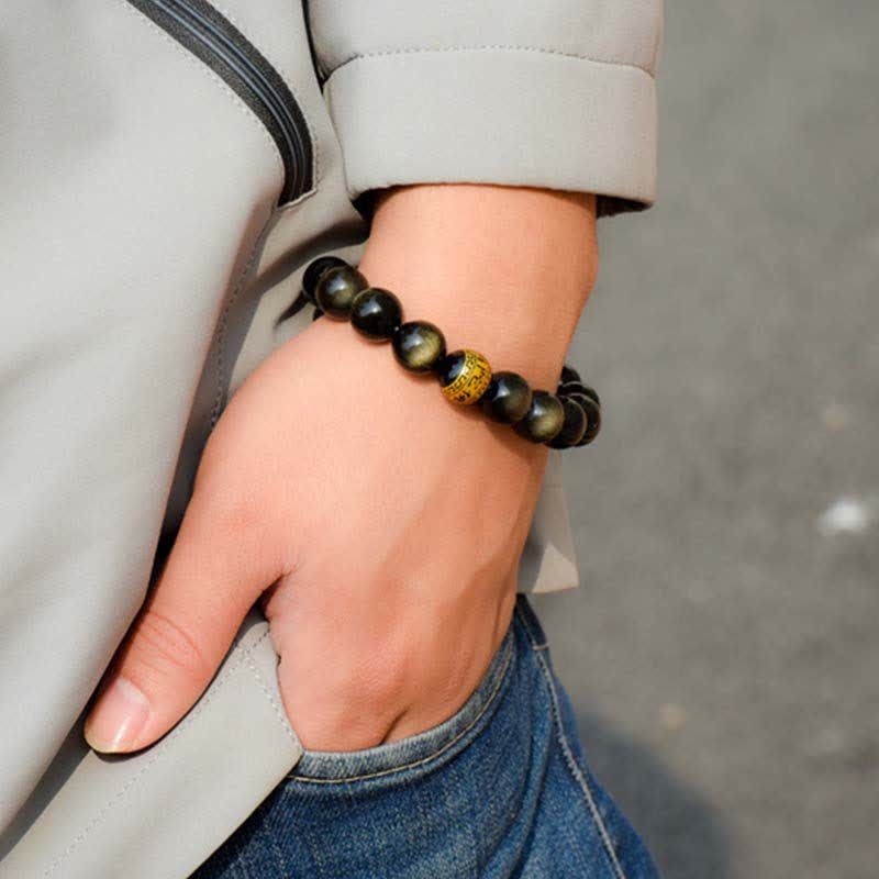 十二支誕生仏、金の輝きを持つ黒曜石の富の守護ブレスレット