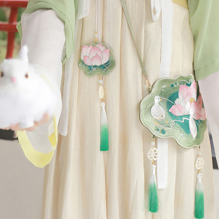 Buddha Stonesと幸運の刺繍、蓮と鯉とウサギの花の漢服バッグ、斜め掛けバッグ、ショルダーバッグ