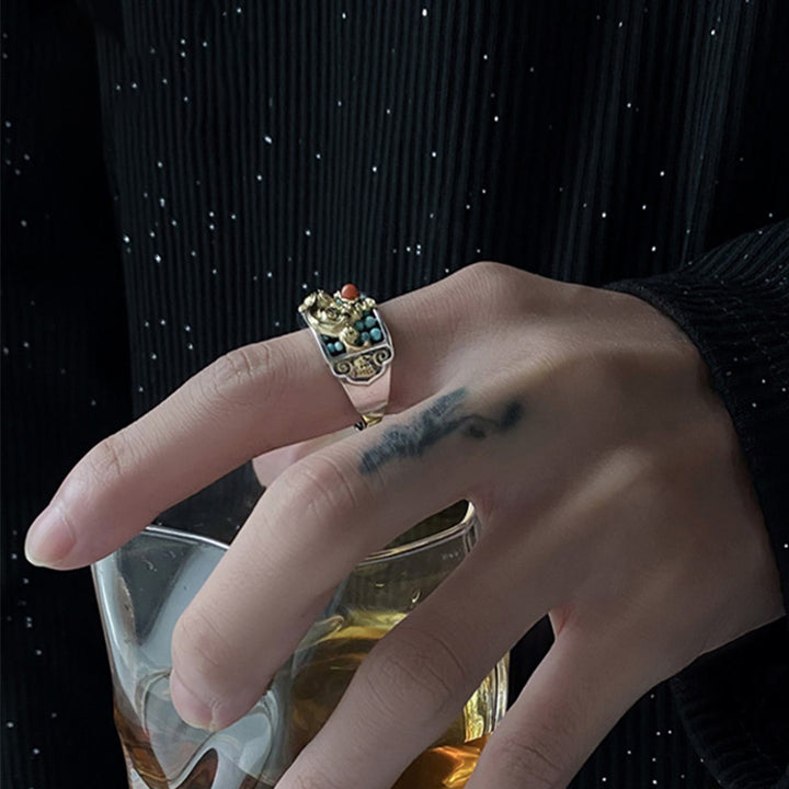 Buddha Stones 925スターリングシルバー ターコイズ レッドアゲート 貔貅 そろばん 守護リング
