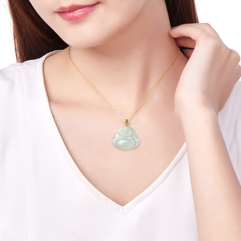 Buddha Stones笑う仏陀 天然翡翠 925スターリングシルバー ゴールドメッキ 豊穣のネックレスペンダント - image 2