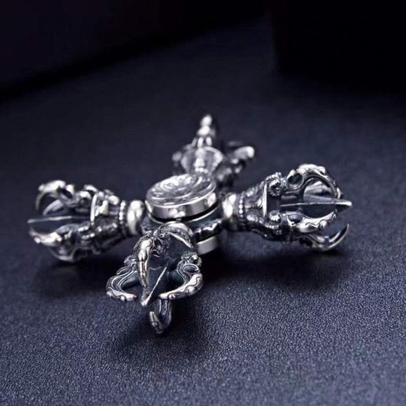 Buddha Stonesチベット 925 スターリングシルバー ダブルドルジェ ヴァジュラ 彫刻 スピリチュアルパワーペンダント