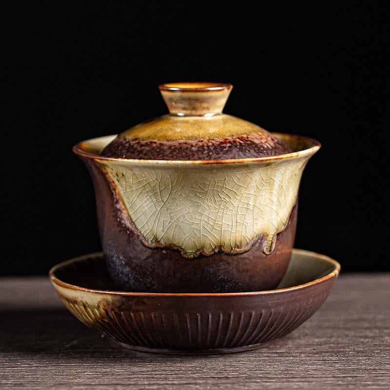 Buddha Stonesヴィンテージ ブラウン 窯変デザイン 磁器 セラミック 蓋碗 三彩 ティーカップ カンフー ティーカップ&ソーサー 蓋付き