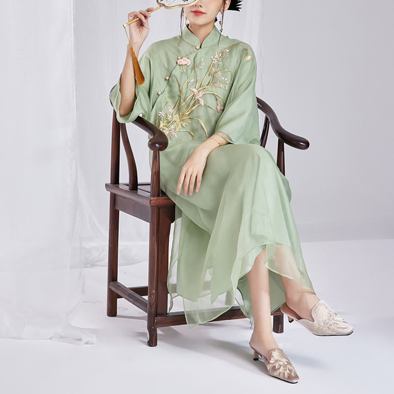 Buddha Stones 100% マルベリーシルク 6匁 ドレス ヴィンテージ フラワー バタフライ 刺繍 チーパオ ドレス レディース チャイナドレス