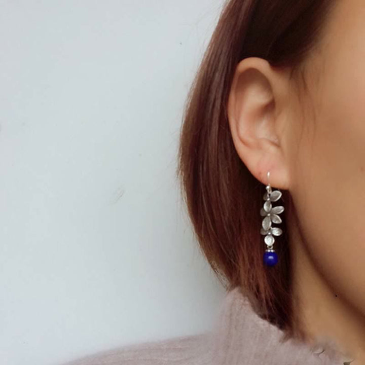 Buddha Stones 925スターリングシルバー ターコイズ ラズライト フラワーリーフ セレニティ プロテクション フックドロップ ダングル イヤリング