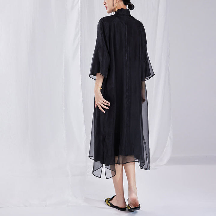 Buddha Stones 100% マルベリーシルク 6匁 ドレス ヴィンテージ フラワー バタフライ 刺繍 チーパオ ドレス レディース チャイナドレス