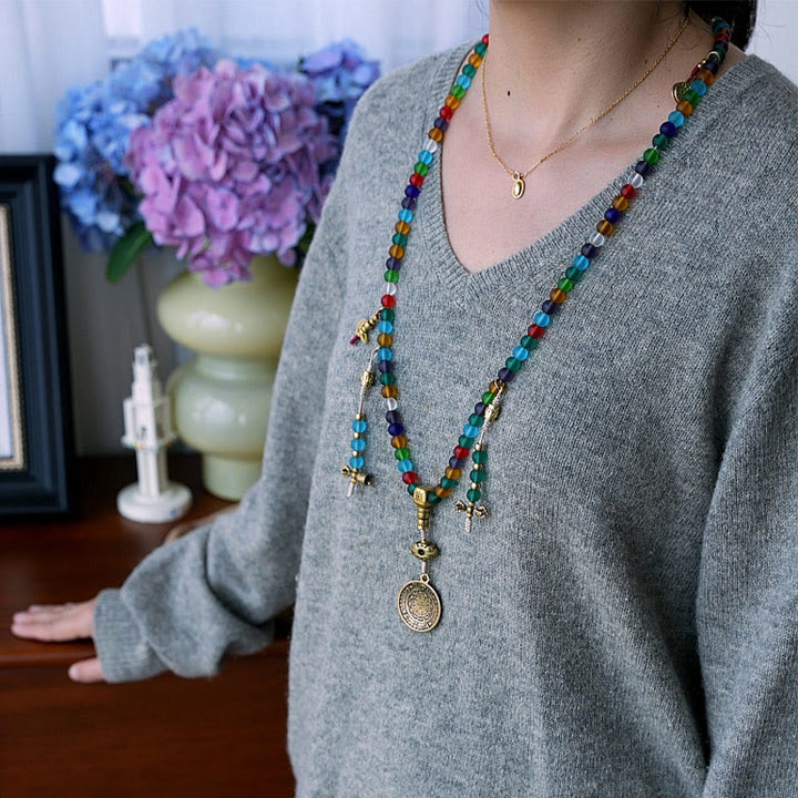 Buddha Stonesチベット 108 個Malaビーズ マルチカラー 琉璃 ガラスビーズ 十二支 九宮 八卦 チャームブレスレット