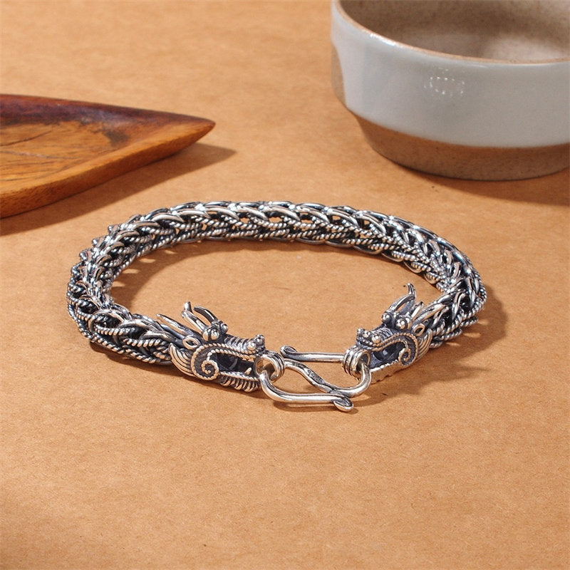 Buddha Stones925スターリングシルバー ドラゴン 成功の強さブレスレットバングル