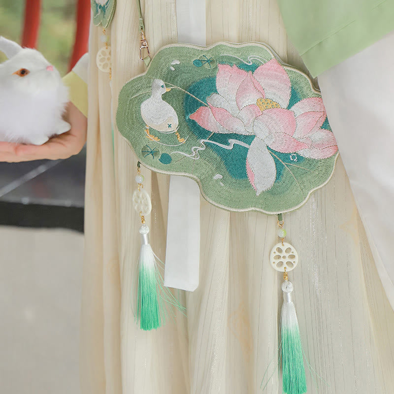Buddha Stonesと幸運の刺繍、蓮と鯉とウサギの花の漢服バッグ、斜め掛けバッグ、ショルダーバッグ