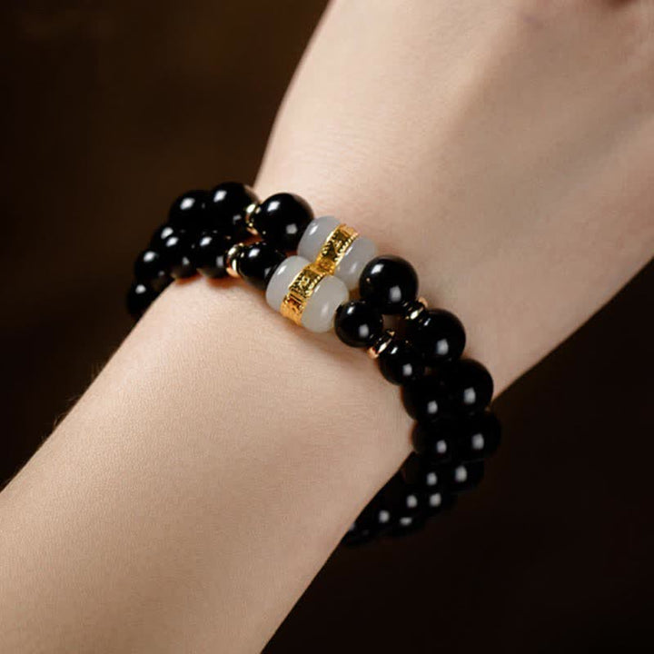 Buddha Stones黒曜石 翡翠オーム・マニ・パドメ・フム強さ カップル 磁気ブレスレット