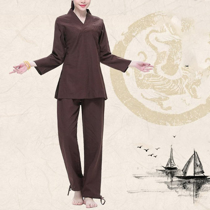 Buddha Stones禅 練習 ヨガ 瞑想 祈り Vネックデザイン ユニフォーム コットンリネン 服 レディース セット - image 13