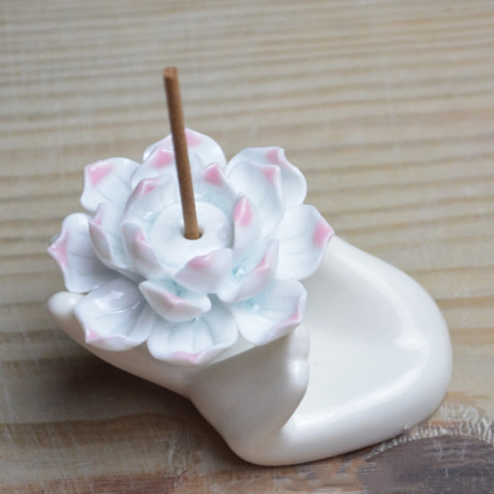 Buddha Stones小さな陶器製 蓮の手 癒し 瞑想 香炉 装飾