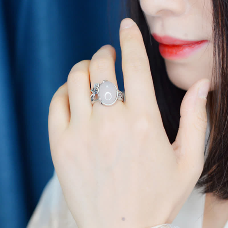 990スターリングシルバー天然カルセドニープラムポジティブハーモニーリング