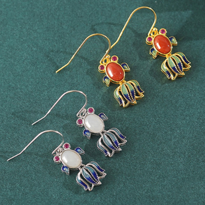 925スターリングシルバー 和田産ホワイトジェイド レッドアゲート キュートフィッシュ ハピネスドロップイヤリング