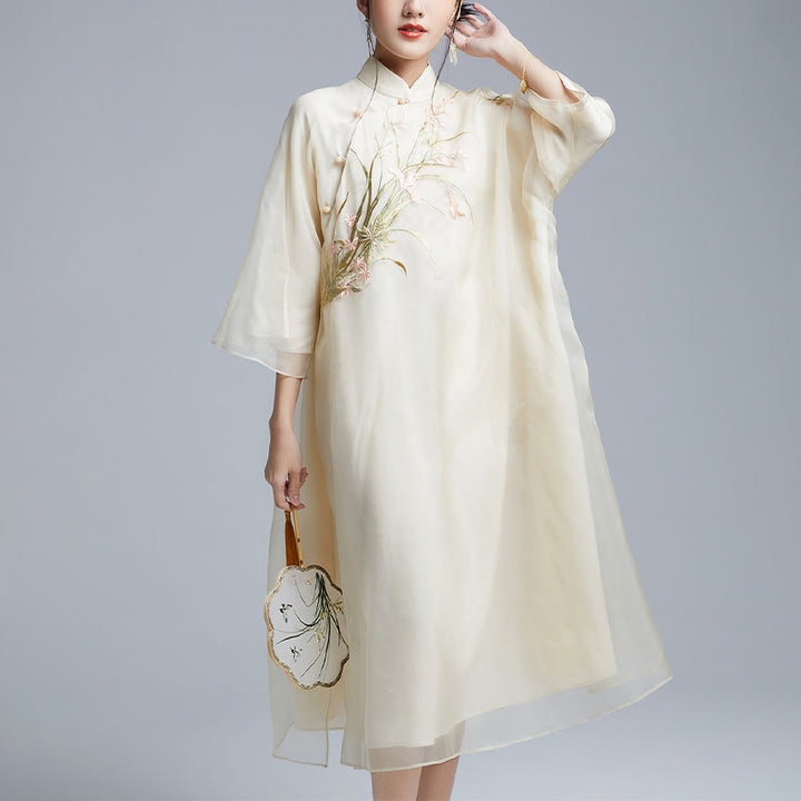 Buddha Stones 100% マルベリーシルク 6匁 ドレス ヴィンテージ フラワー バタフライ 刺繍 チーパオ ドレス レディース チャイナドレス