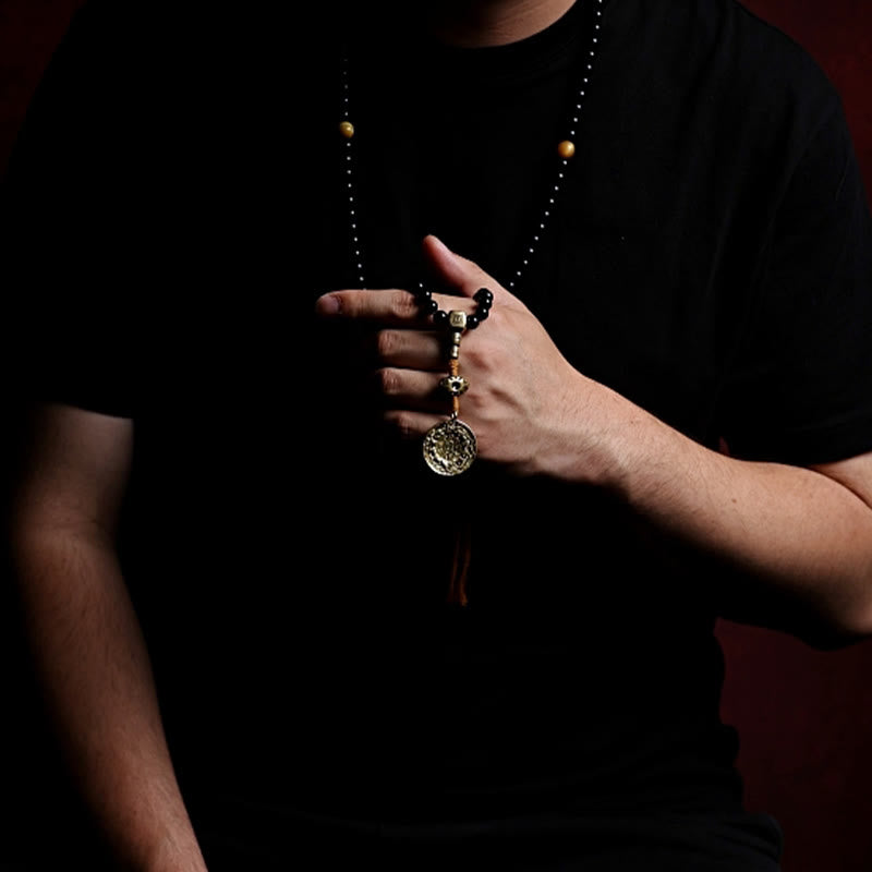 Buddha Stonesチベット 108 個Malaビーズ ブラックオニキス タイガーアイビーズ 九宮 八卦 守護ブレスレット