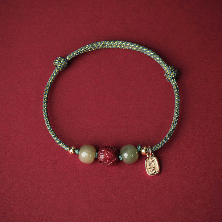 Buddha Stones14K ゴールドメッキ 和田翡翠 辰砂 蓮華 幸運 手作り ロープブレスレット - シアンロープ(手首周り13~18cm) - image 11