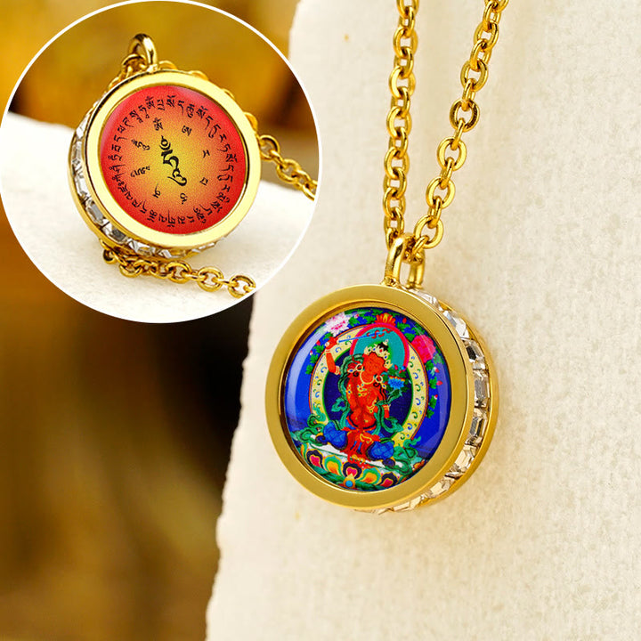 Buddha Stonesチベット イエロー 富の神 グリーン ターラ仏 静寂 チタン鋼 ネックレス ペンダント - 前面:文殊菩薩、背面:マントラ - image 18