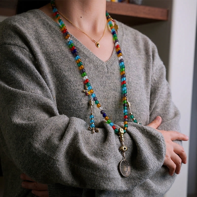 Buddha Stonesチベット 108 個Malaビーズ マルチカラー 琉璃 ガラスビーズ 十二支 九宮 八卦 チャームブレスレット