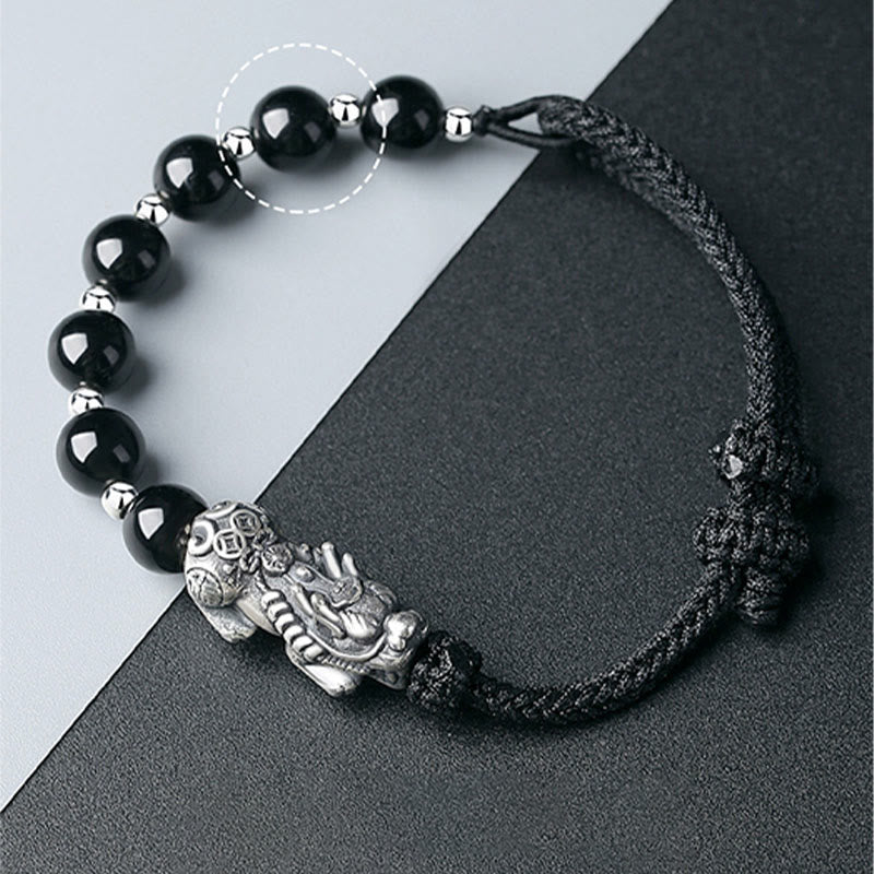 Buddha Stones999スターリングシルバー 風水 貔貅 天然黒曜石 925スターリングシルバー ビーズ強さブレスレット